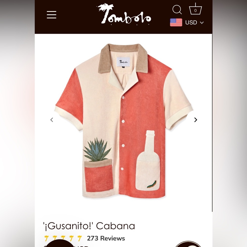 Tombolo '¡Gusanito!' Cabana Terry Embroidered Cactus Bowling Shirt Unisex Sz S